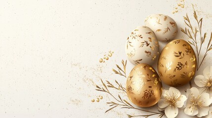 Obraz premium Stylized decorative Easter eggs with golden and white floral patterns are artistically arranged with delicate flowers and subtle textures. The composition exudes a festive, springtime ambiance
