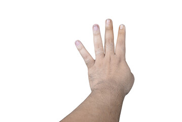 Hand showing number four on black background with damaged fingernails