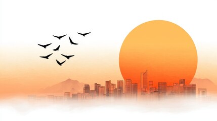 Obraz premium Hand-sketched city skyline, harmonious balance of urban and nature elements, layered details with glowing sunrise ambiance