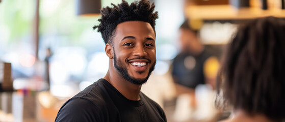 Portrait of a confident black male barista working at a coffee shop, defocused background