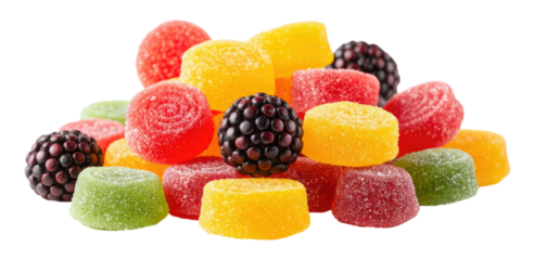 Assorted colorful gummy candies, including sugar-coated and blackberry-shaped gummies