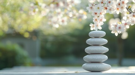 Obraz premium Balanced stones under cherry blossoms, zen garden scene, serenity, mindfulness