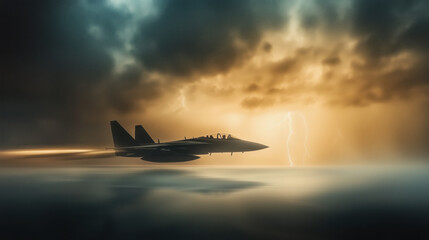 Military Aircraft Speeding Across the Sky with Blurred Billowing Clouds and Dramatic Lightning in the Distance