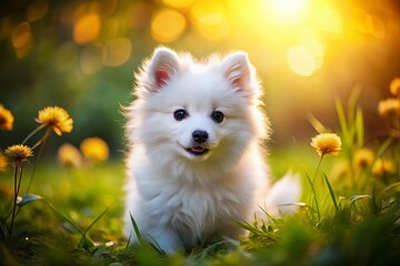 Fototapeta premium Adorable American Eskimo Puppy, Miniature Toy Breed, Tilt-Shift Photography