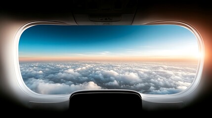 Fototapeta premium A serene view from an airplane window showcasing fluffy clouds and a vibrant sunset sky