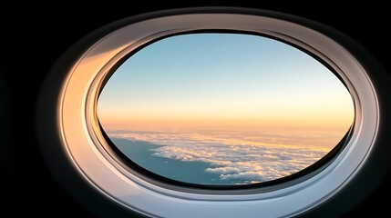 A serene view from an airplane window showcasing a colorful sunrise over the clouds