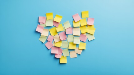 Sticky notes in various colors pinned to create a heart on a smooth wall, conveying the idea of one love