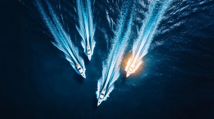 High-resolution drone view of boats racing toward the finish line, their shadows dancing on the glittering water surface, triumphant regatta finale
