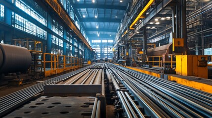 Naklejka premium Steel processing factory interior with metal pipes ready for production process
