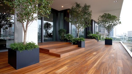 Obraz premium Modern balcony deck with city view, potted plants