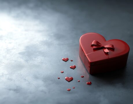 Viene presentato un piccolo regalo shapato come cuore e decorato con un fiocco bianco, posto su un tavolo grigio