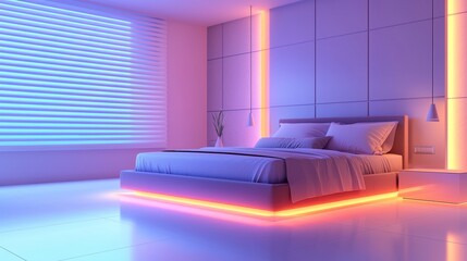 High-tech motorized blinds in a luxurious bedroom, glowing ambient lighting emphasizing comfort and innovation, modern living concept