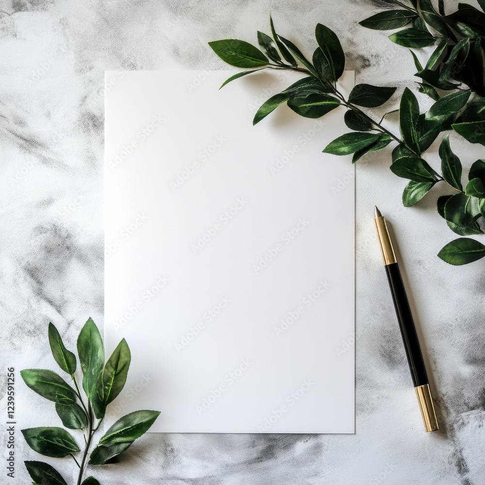 Poster Blank paper with a pen and green foliage on a marbled surface during daylight hours. Generative AI