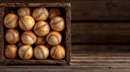 A rustic arrangement of aged baseballs stacked in a splintered wooden crate, their faded markings embodying the enduring spirit of the sport