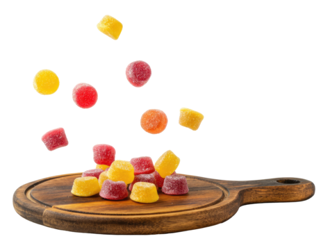 Colorful gummy candies falling onto wooden board, sweet treats in various shapes and flavors