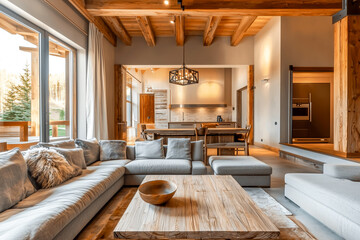 Spacious living area with exposed wood beams, large windows, and a comfortable sectional sofa.  The room is bathed in natural light, creating a warm and inviting atmosphere.