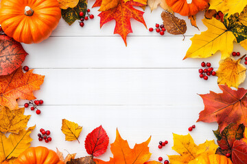 Autumn composition with pumpkins, leaves, berries, and rustic wooden background for seasonal decorations and festive designs