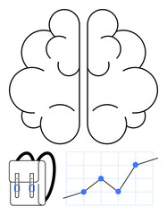 Brain design next to a backpack and rising line graph on grid. Ideal for education, knowledge growth, creativity, progress analysis, cognitive skills, student success, abstract line flat metaphor