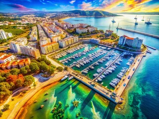 Fototapeta premium Coastal Town Aerial View: A vibrant coastal town unfolds, showcasing a picturesque marina filled with yachts, pristine beaches.