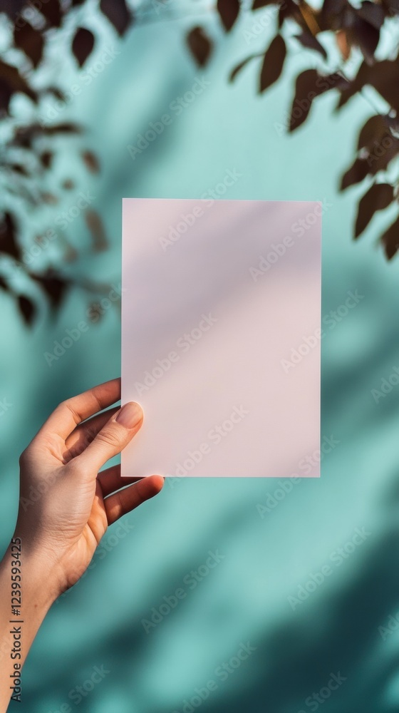 Aufkleber blank paper held in hand against a turquoise wall with shadowy leaves in the background during dayli