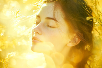 Fototapeta premium Golden hour bliss: A young woman basks in the warm sunlight, eyes closed, surrounded by nature's gentle embrace. Peace and serenity radiate from her tranquil expression.