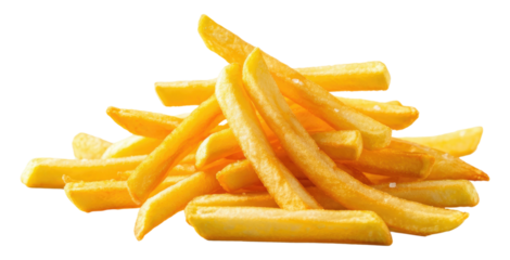 Pile of crispy golden French fries stacked against transparent background