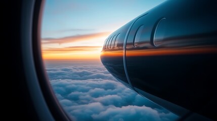 Obraz premium A stunning sunset view from an airplane window, showcasing clouds and the horizon's glow