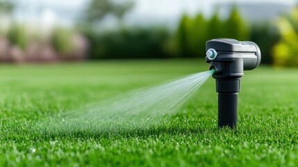 Lawn Sprinkler System in Action Watering Green Grass in Beautiful Garden Landscape Under Clear Blue Sky