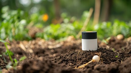 A medium closeup of a biodegradable sensor attached to a compost pile with decomposing organic matter in the background illustrating its practical application in monitoring environmental