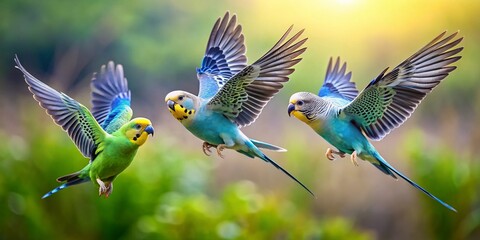 Fototapeta premium Aerial View: Four Parakeets in Flight, Blue-Gray Budgie, Green Budgie on Ground