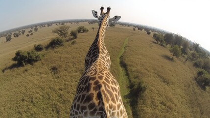 Obraz premium A giraffe captured from above, standing in the open savannah with a backdrop of rolling hills and trees.