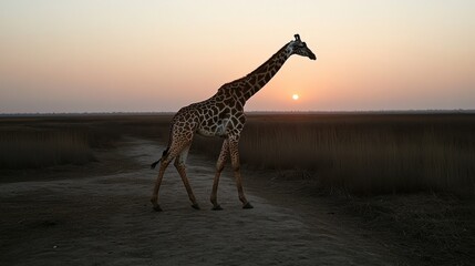 A giraffe walking slowly through a vast landscape, its long legs and neck stretching across the horizon.