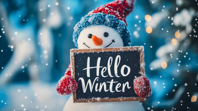 Cute Winter Snowman Greeting Card Illustration with Hello Winter Typography Background
