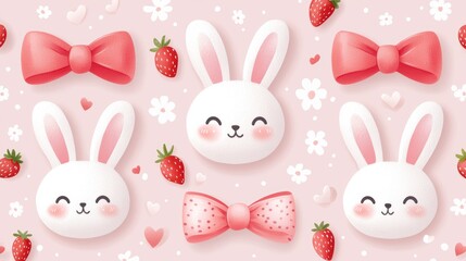 Delightful pattern of bunnies, strawberries, and bows in vibrant colors, harmonized on a blush pink background for a whimsical yet professional theme