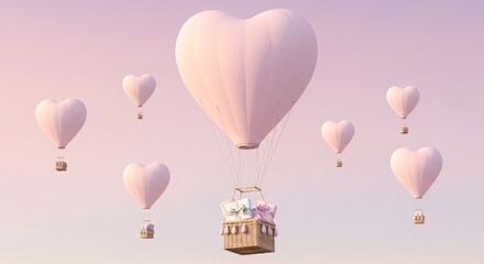 Obraz premium Pastel gradient sky with floating heart-shaped hot air balloons, a quaint basket below with a gift21