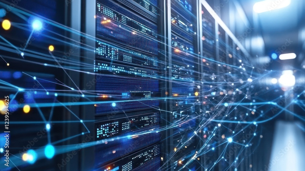 Poster data center with servers and glowing connections visualizing information flow