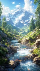 Obraz premium Mountain stream flows through valley, sunny day
