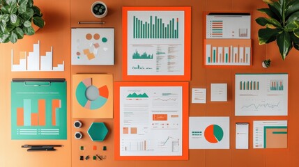 A modern workspace with management strategy documents, financial reports, and workflow charts neatly arranged.