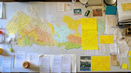 A neatly arranged customer experience review meeting table with user feedback reports, customer journey maps, and satisfaction graphs, top-down view.