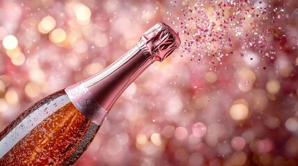 Sparkling champagne bottle with glittering confetti against a festive bokeh background