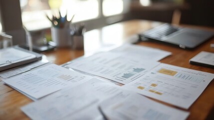 Obraz premium A professional branding studio workspace with rebranding strategy sheets, business card prototypes, and marketing analysis reports.