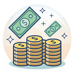 icon representing money, with stacked coins and floating notes, symbolizing financial transactions, AI generated