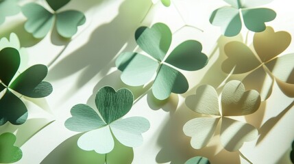 Obraz premium Cluster of paper cut four-leaf clovers in varying sizes, organic layout, muted greens with pastel accents, smooth shadow play on a neutral background