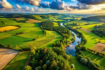 Fototapeta premium Aerial View of Lush Green Landscape, Rolling Hills and Countryside
