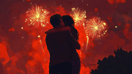 Romantic Silhouette of Happy Married Couple Celebrating New Year Outdoors with Fireworks and Sparklers at Sunset