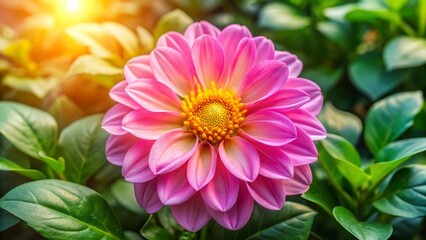 Obraz premium Aerial View of Pink Petals, Yellow Pistils, and Lush Green Leaves - Drone Photography