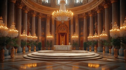 Fototapeta premium Palace Ballroom Interior Sunlit marble altar, opulent chandeliers, classical columns, and potted plants