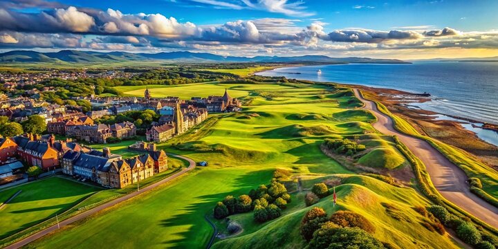 Aerial View of Royal Troon Golf Club's Lush Greens and Historic Buildings Against the Blue Sky and Rugged Coastline