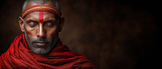 Obraz premium Portrait of a spiritual man with a red robe and sacred forehead mark in deep meditation. Generated with AI.