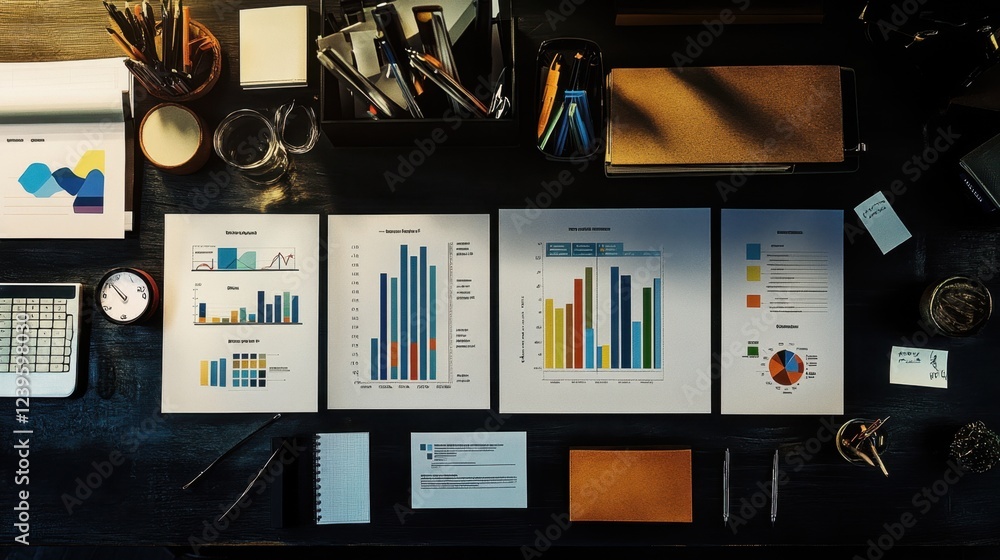 Poster a top-down view of a project management presentation workspace featuring gantt charts, workflow proc